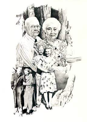 "Through the Years - Beth & Kelly Jones" pen & ink drawing celebrating a lifetime together